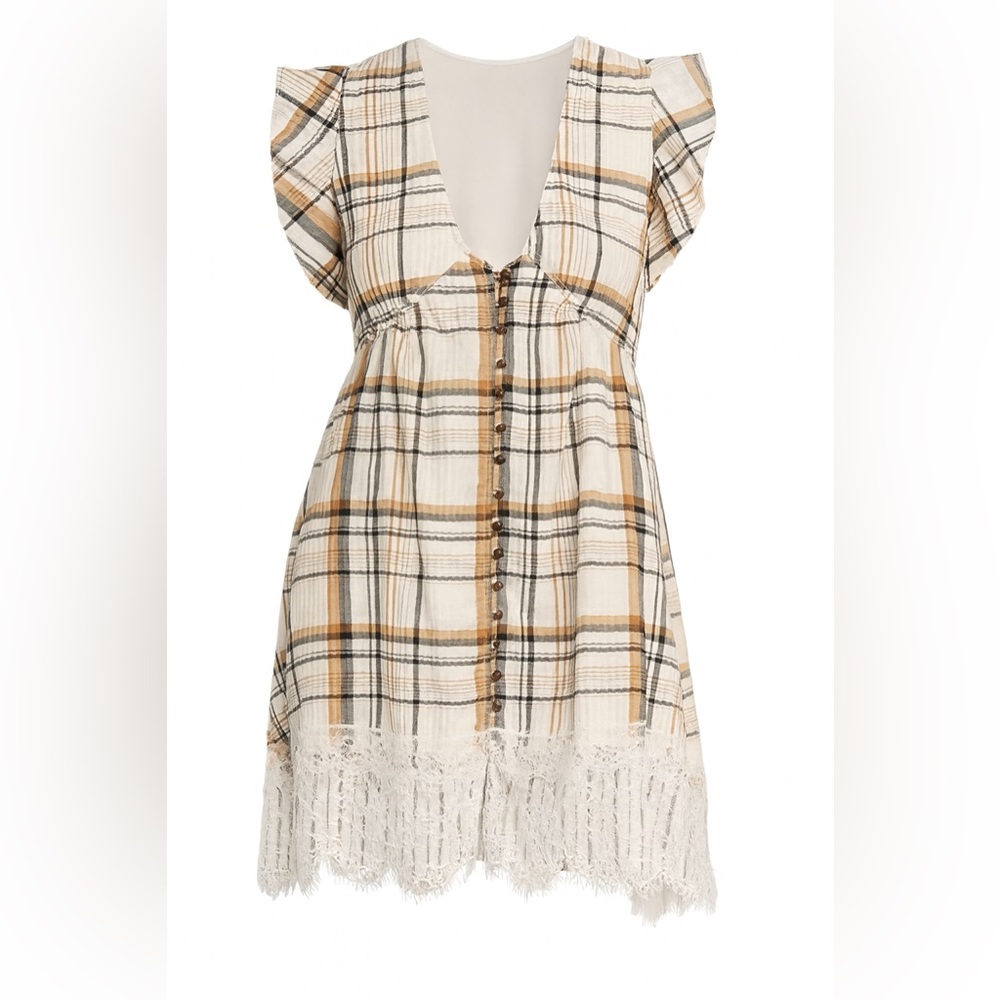 Anthropologie Pilcro Button-Front Mini Dress Neutral Plaid XXS NWOT